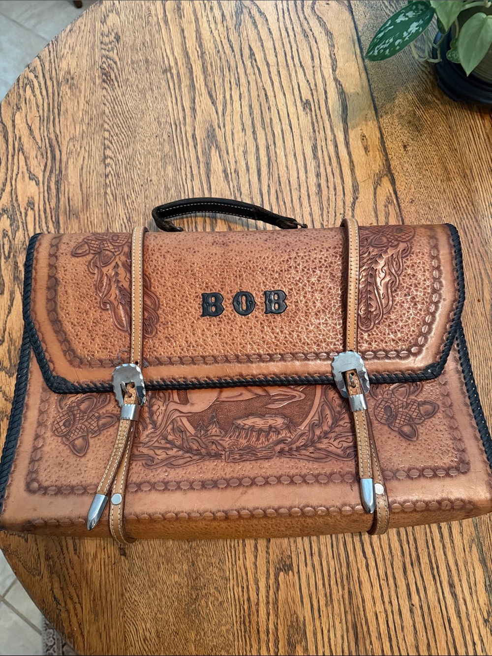 Tooled Leather Briefcase in Brown with Personalized Initials